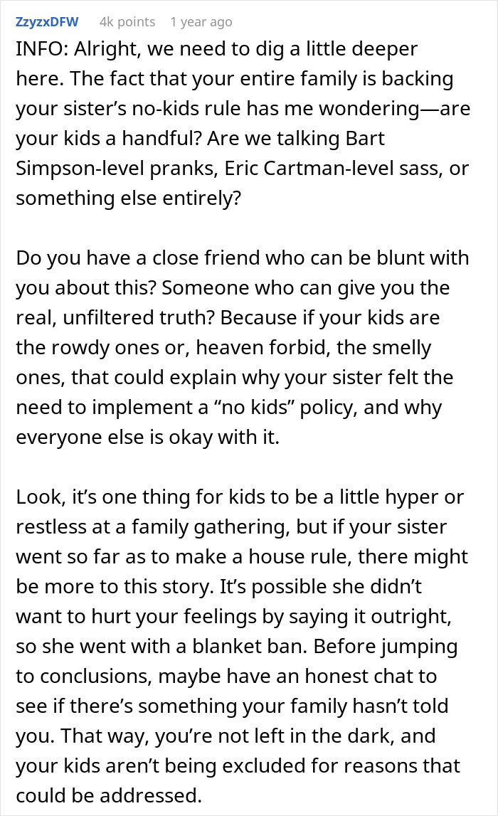 Woman Tells Family That No Kids Are Allowed In Her Home, Brother Feels Targeted