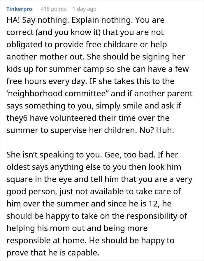 Woman Tells Neighbor She Will Not Be Her Free Babysitter Over The Summer, Gets Called A Jerk