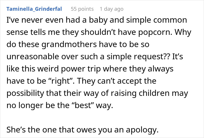 Boundary-Stomping Granny Tries To Feed 1YO Popcorn, Acts Offended When Daughter Leaves With The Baby