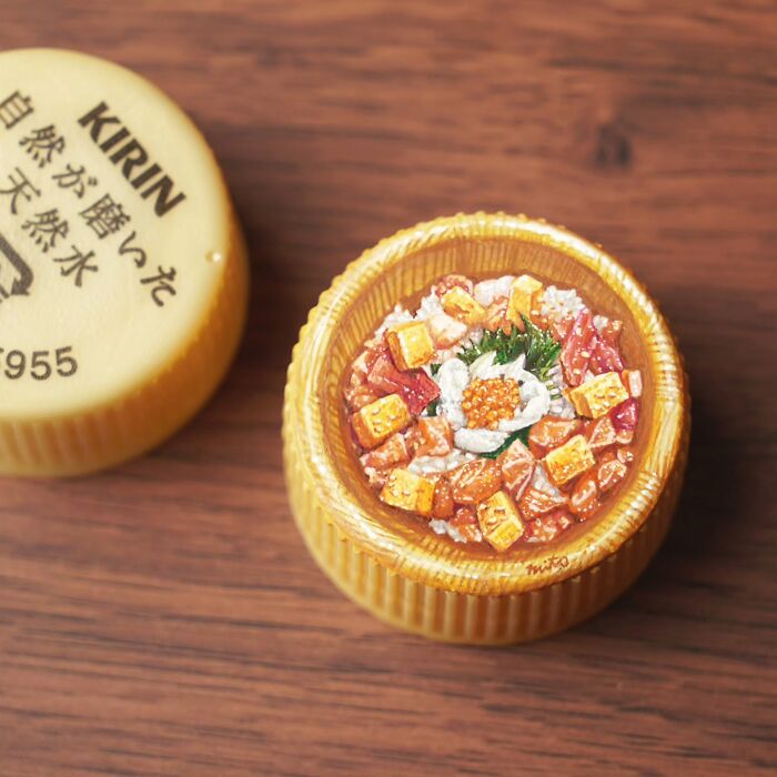 This Artist Paints Tiny Food-Inspired Masterpieces On Bottle Caps With Mindblowing Details (50 Pics)