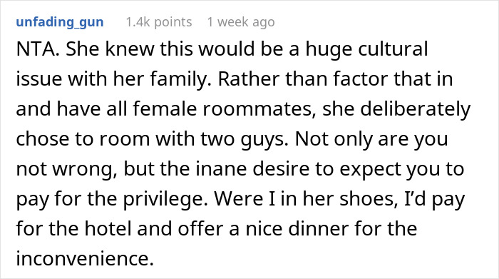Guy Refuses To Pay For A Hotel Just To Help His Roommate Lie To Her Conservative Family