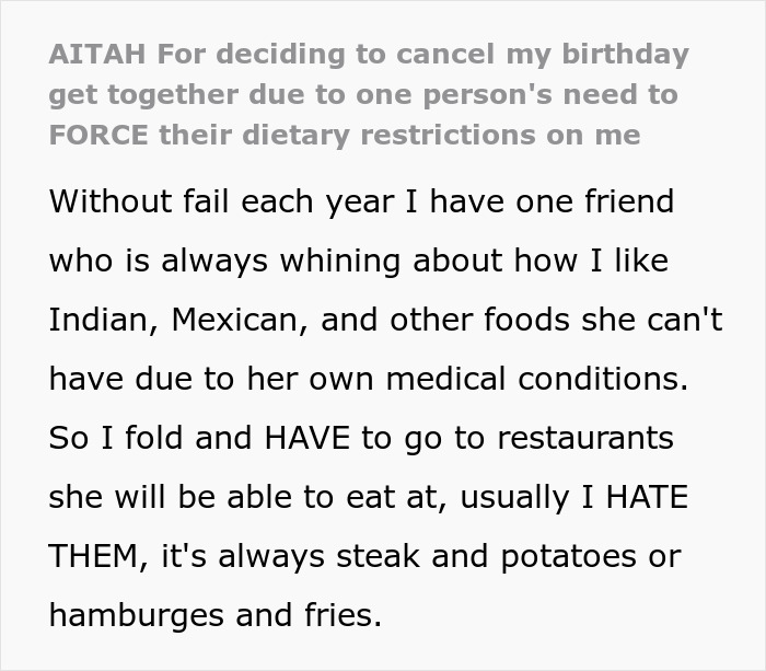 Woman Is Tired Of Friend’s Strict Diet She Even Enforces On Her Birthday