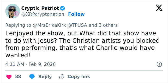 “Stomped”: Erika Kirk Roasted After Speaking Out On Turning Point USA’s Alternate Halftime Show