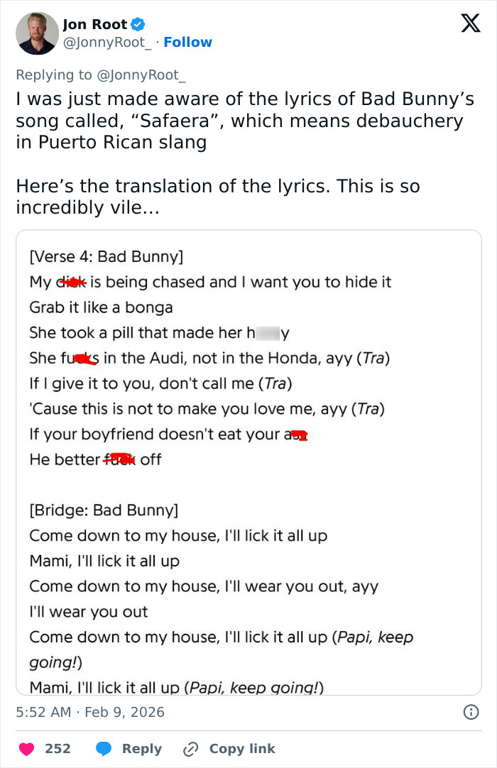 Heated Debate After Super Bowl Fans Translate Bad Bunny’s Explicit Lyrics Heated Debate After Super Bowl Fans Translate Bad Bunny’s Explicit Lyrics