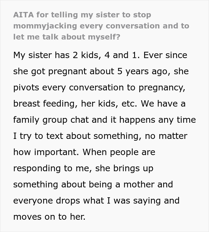 Mom Doesn’t Let Sister Have One Conversation To Herself, Keeps Bringing Up Her Kids