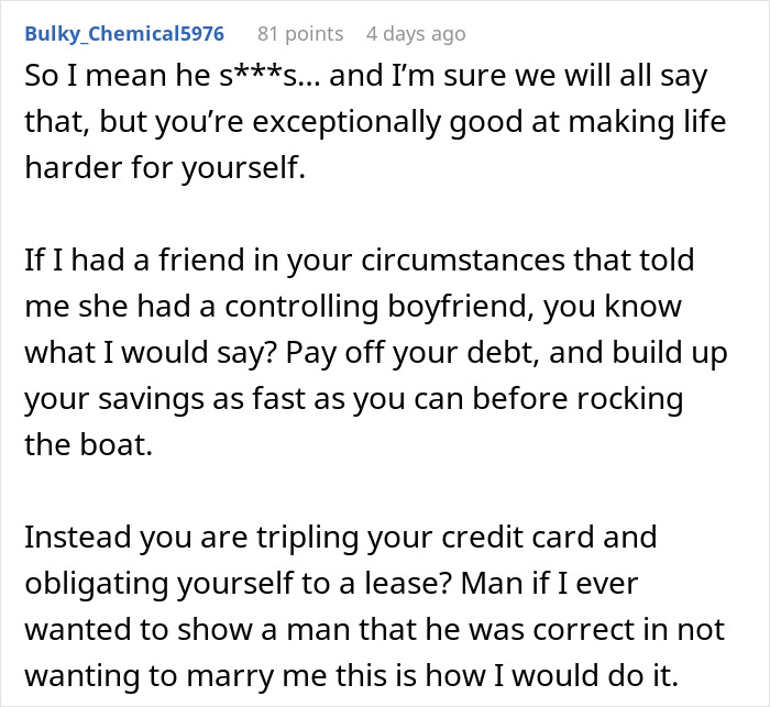 Boyfriend Gives Girlfriend Up To A Year To Fix Finances On Her Own Or He Won’t Marry Her