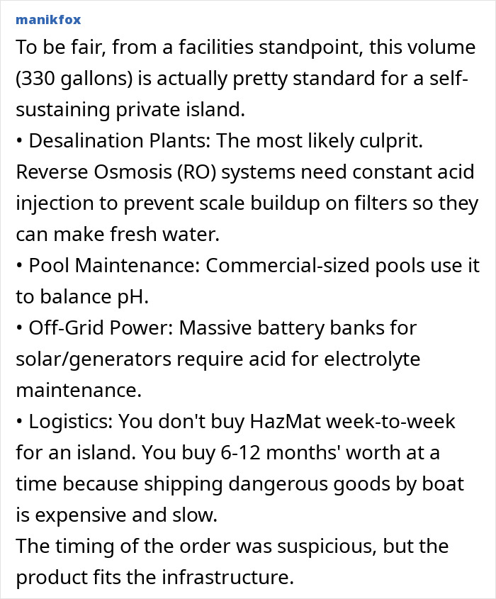 New Files Show 330 Gallons Of Sulfuric Acid Bought For Epstein Island The Day FBI Began Probe