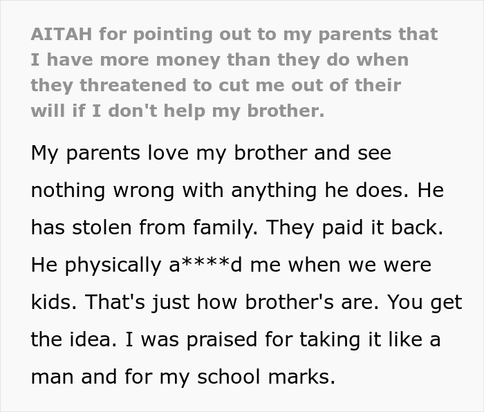 “I Was Praised For Taking It Like A Man”: Guy Refuses To Help Spoiled Brother, Parents Are Fuming