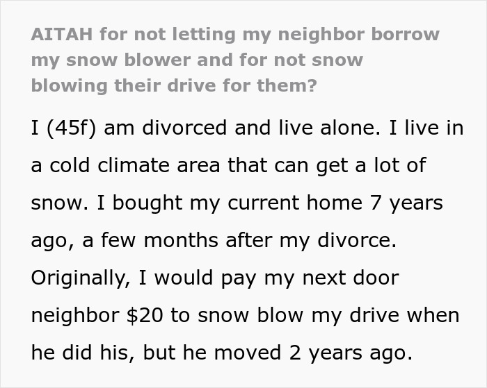 Woman Refuses To Lend Her New Snow Blower To A Neighbor She Never Met Before, Gets Called Ridiculous