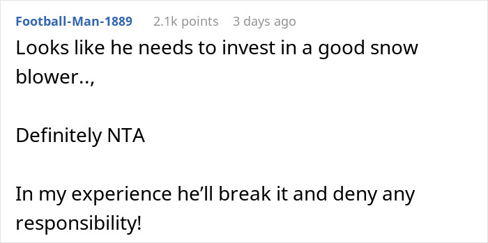 Woman Refuses To Lend Her New Snow Blower To A Neighbor She Never Met Before, Gets Called Ridiculous