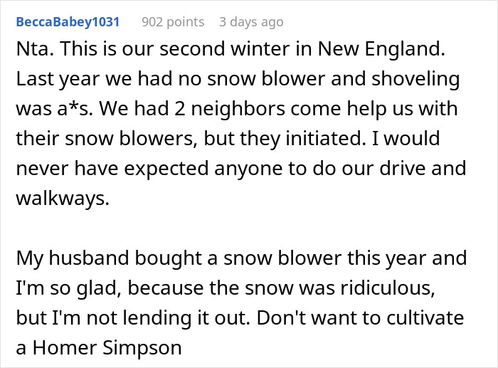 Woman Refuses To Lend Her New Snow Blower To A Neighbor She Never Met Before, Gets Called Ridiculous