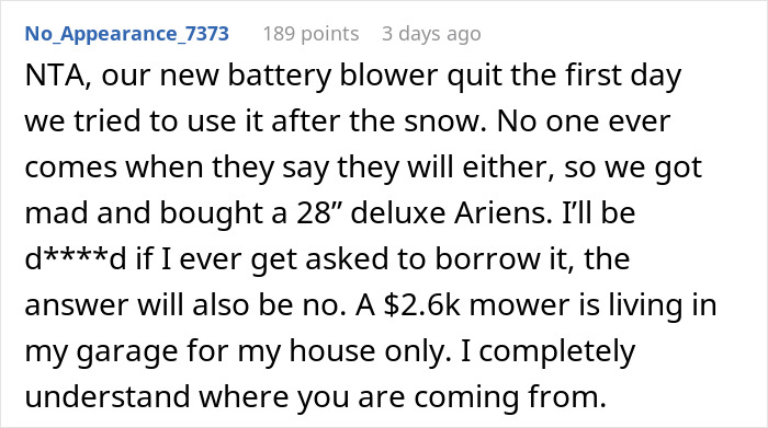 Woman Refuses To Lend Her New Snow Blower To A Neighbor She Never Met Before, Gets Called Ridiculous