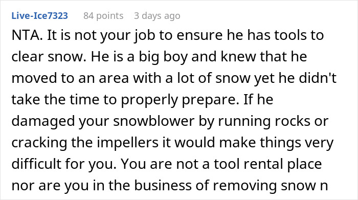 Woman Refuses To Lend Her New Snow Blower To A Neighbor She Never Met Before, Gets Called Ridiculous