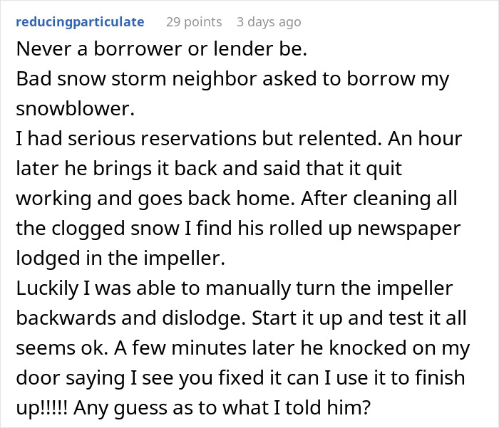Woman Refuses To Lend Her New Snow Blower To A Neighbor She Never Met Before, Gets Called Ridiculous