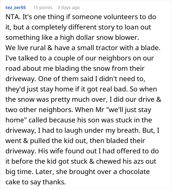 Woman Refuses To Lend Her New Snow Blower To A Neighbor She Never Met Before, Gets Called Ridiculous