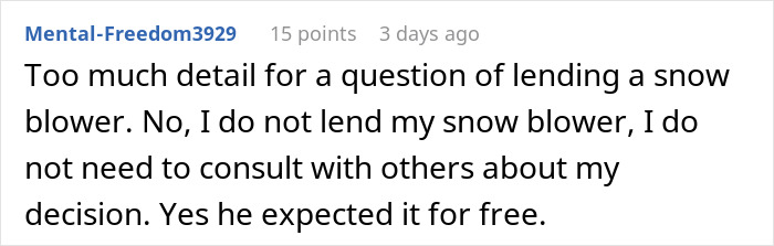 Woman Refuses To Lend Her New Snow Blower To A Neighbor She Never Met Before, Gets Called Ridiculous