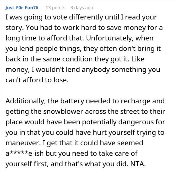 Woman Refuses To Lend Her New Snow Blower To A Neighbor She Never Met Before, Gets Called Ridiculous