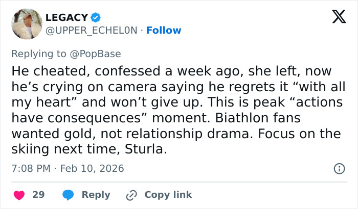 “It Hurts”: Girlfriend Of Olympian Who Confessed To Cheating Live On TV Opens Up Publicly