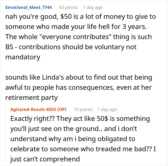 Woman Refuses To Contribute $50 To A Coworker’s Retirement Gift After She Made Her Life Miserable Woman Refuses To Contribute $50 To A Coworker’s Retirement Gift After She Made Her Life Miserable