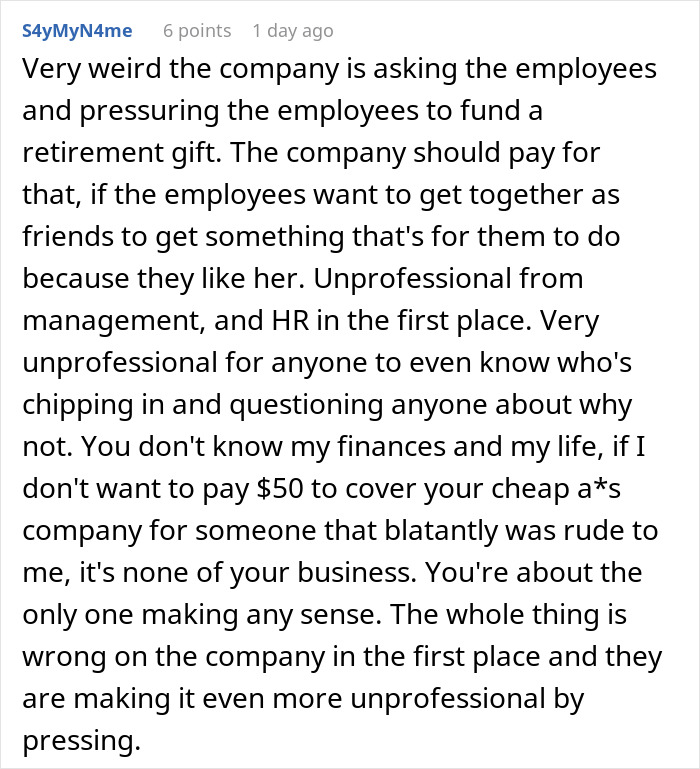 Woman Refuses To Contribute $50 To A Coworker’s Retirement Gift After She Made Her Life Miserable Woman Refuses To Contribute $50 To A Coworker’s Retirement Gift After She Made Her Life Miserable