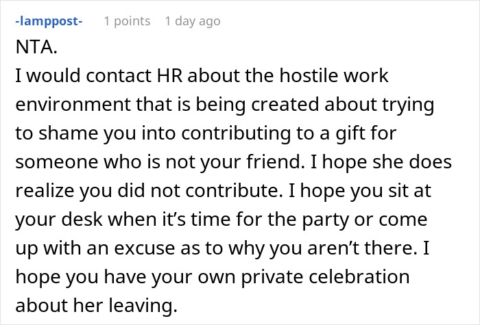 Woman Refuses To Contribute $50 To A Coworker’s Retirement Gift After She Made Her Life Miserable Woman Refuses To Contribute $50 To A Coworker’s Retirement Gift After She Made Her Life Miserable