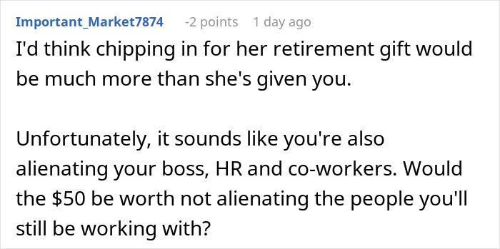 Woman Refuses To Contribute $50 To A Coworker’s Retirement Gift After She Made Her Life Miserable Woman Refuses To Contribute $50 To A Coworker’s Retirement Gift After She Made Her Life Miserable