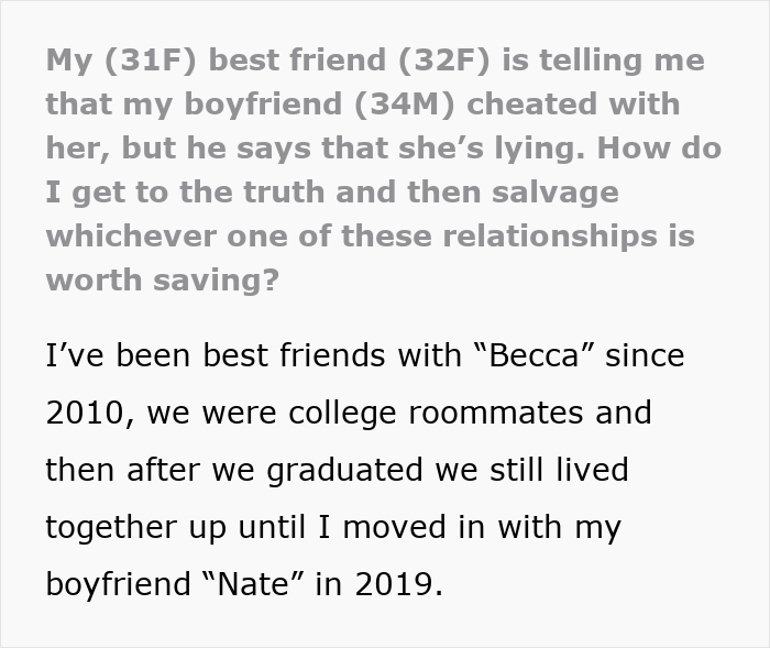 Woman Doesn’t Know Who To Believe After Best Friend Drops A Cheating Confession But Her Boyfriend Denies It