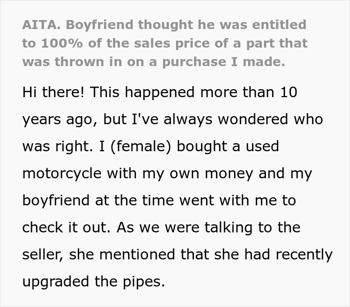 Guy Turns GF&rsquo;s Purchase Into Payday, Refuses To Share The Profit From Selling Her Bike Spare Parts