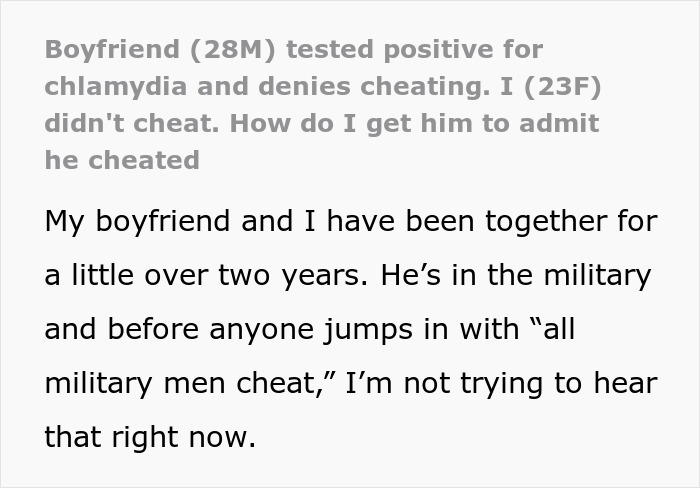 23YO Shocked After Military BF Gets STI And Accuses Her Of Cheating, She Knows He Might Be Lying