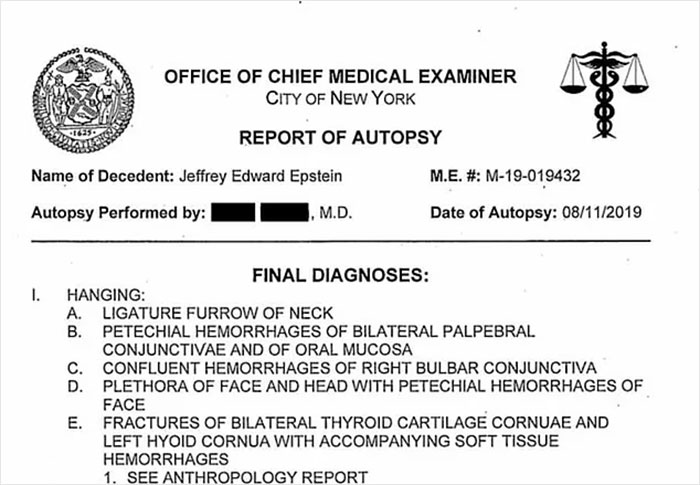 Doctor At Jeffrey Epstein’s Post Mortem Makes Jolting Claim About How Disgraced Financier Passed