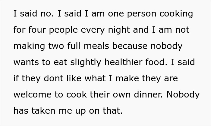Family Demands Woman Make Separate Meals For Them: “Don’t Want To Eat What My Doctor Told Me” Family Demands Woman Make Separate Meals For Them: “Don’t Want To Eat What My Doctor Told Me”