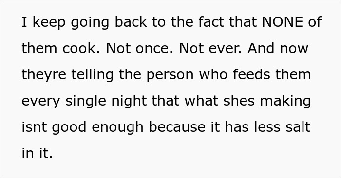 Family Demands Woman Make Separate Meals For Them: “Don’t Want To Eat What My Doctor Told Me” Family Demands Woman Make Separate Meals For Them: “Don’t Want To Eat What My Doctor Told Me”
