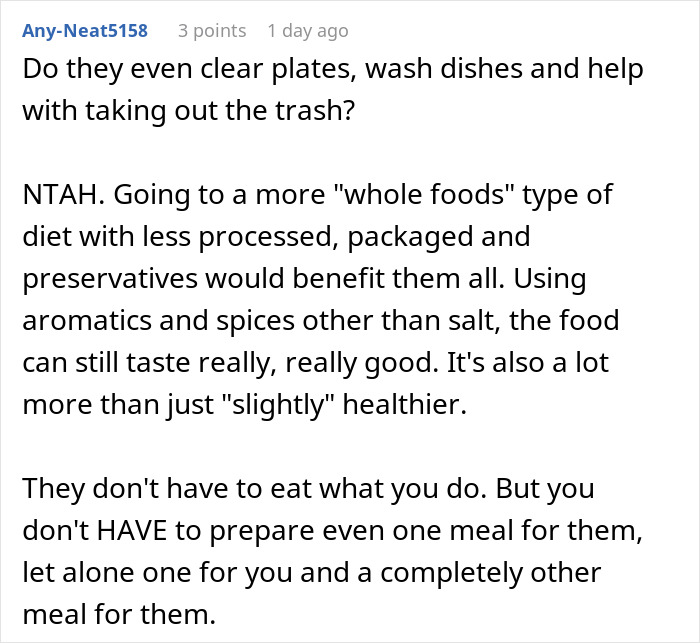 Family Demands Woman Make Separate Meals For Them: “Don’t Want To Eat What My Doctor Told Me” Family Demands Woman Make Separate Meals For Them: “Don’t Want To Eat What My Doctor Told Me”