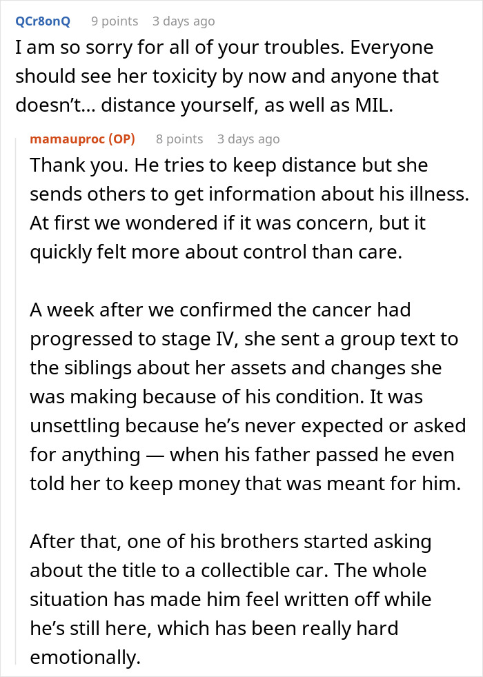 MIL Is Praised As A “Saint” By Family, But Her Vicious Ultimatum To Her Terminal Son Reveals All