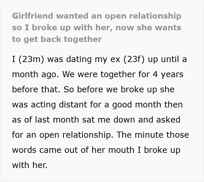 Woman Suggests An Open Relationship, Guy Immediately Breaks Up With Her: “Crying To Take Her Back”