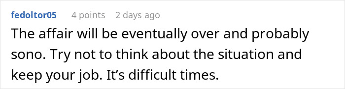 Person Disappointed In Boss They Looked Up To After They Start Affair With Employee