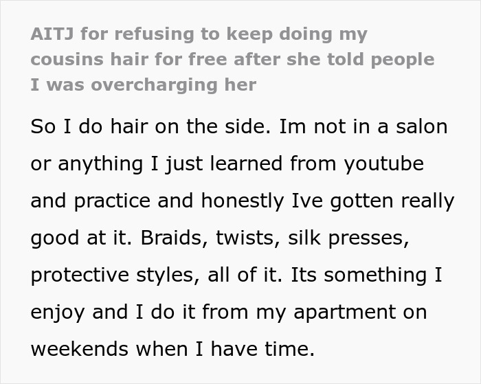 Entitled Lady Thinks She Can Get Free Hairstyles For Life, Trashes Cousin After She Charges $30 Entitled Lady Thinks She Can Get Free Hairstyles For Life, Trashes Cousin After She Charges $30