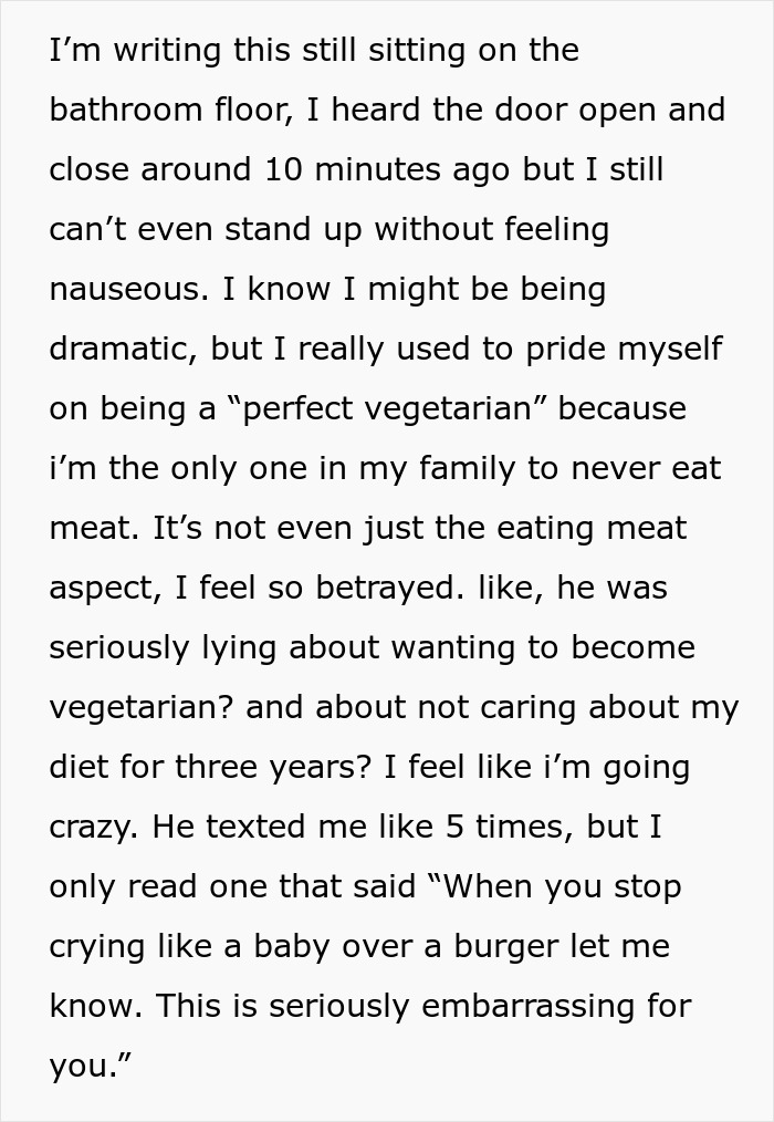 Boyfriend Laughs As Vegetarian Girlfriend Pukes In The Bathroom: “I Knew You’d Like Meat More” Boyfriend Laughs As Vegetarian Girlfriend Pukes In The Bathroom: “I Knew You’d Like Meat More”