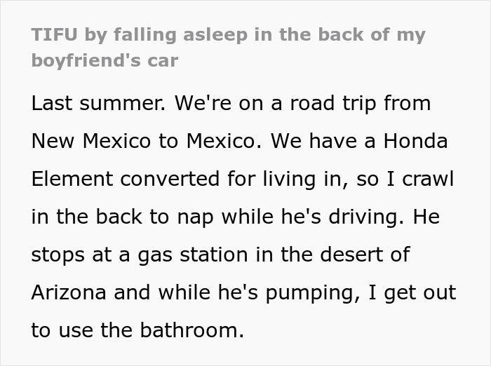 GF Goes To Toilet During Roadtrip, Doesn’t Know Whether To Cry Or Laugh When BF Drives Away GF Goes To Toilet During Roadtrip, Doesn’t Know Whether To Cry Or Laugh When BF Drives Away