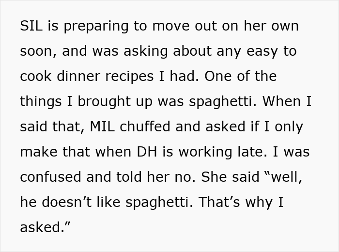 Woman Pushes Back When MIL Claims She Knows Husband Better, A Simple Pasta Question Ends It