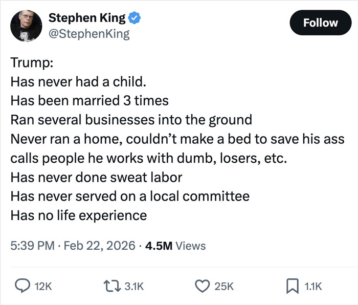 Stephen King Faces Backlash After Making Brazenly False Claim About Donald Trump