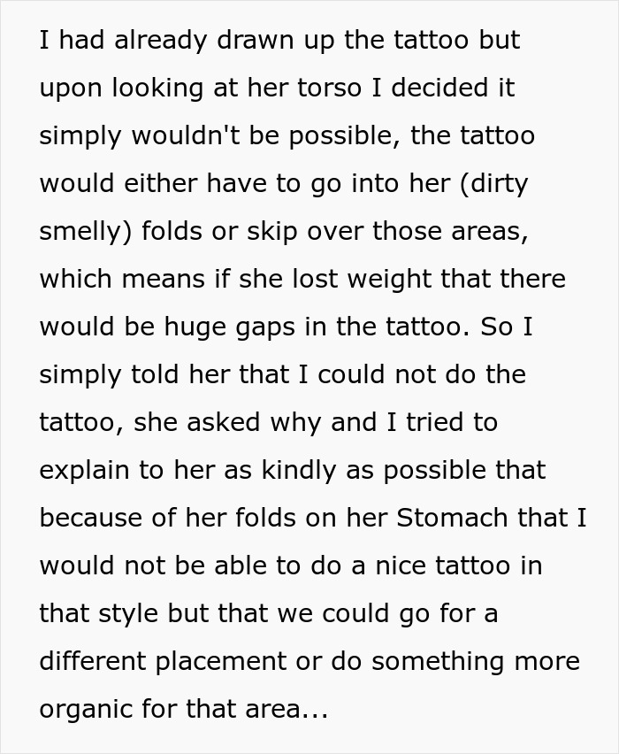 Tattoo Artist Asks If They Were Wrong To Refuse To Give Services to An Extremely Overweight Client