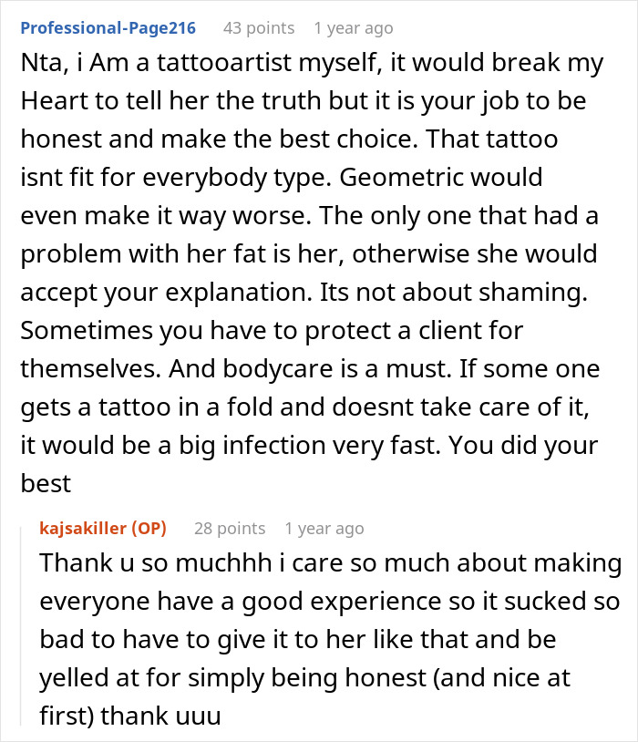 Tattoo Artist Asks If They Were Wrong To Refuse To Give Services to An Extremely Overweight Client