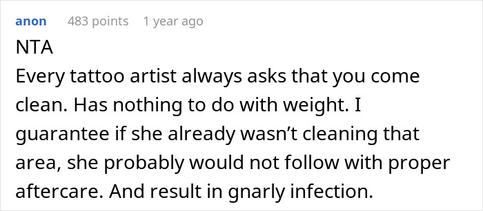 Tattoo Artist Asks If They Were Wrong To Refuse To Give Services to An Extremely Overweight Client