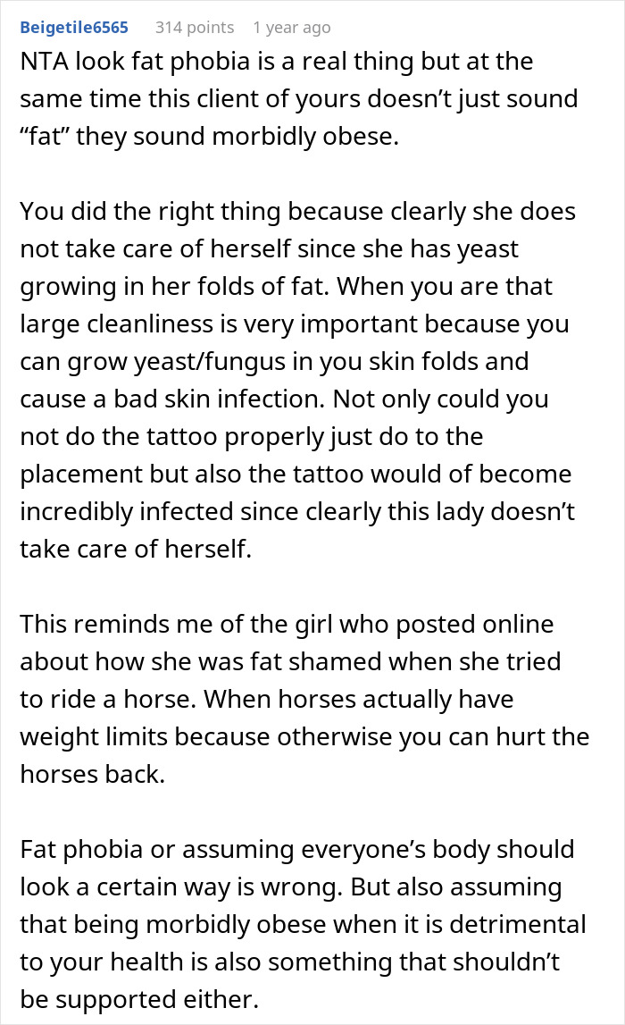 Tattoo Artist Asks If They Were Wrong To Refuse To Give Services to An Extremely Overweight Client