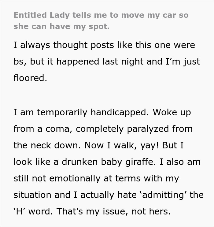 Person Has To Deal With Handicapped Spot Drama After Entitled Lady Confronts Them