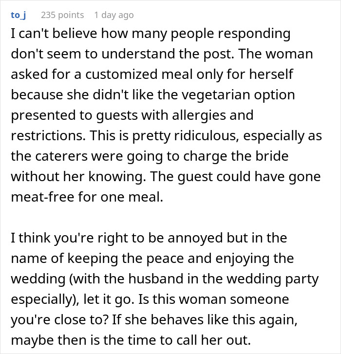 Woman Doesn’t Want A Vegetarian Meal At Friend’s Wedding, Secretly Contacts The Caterers Woman Doesn’t Want A Vegetarian Meal At Friend’s Wedding, Secretly Contacts The Caterers