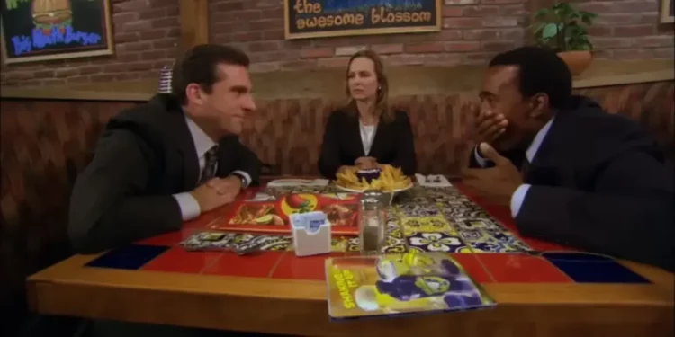 Michael Scott, Jan Levinson, and a client named Christian. Michael Scott, Jan Levinson, and a client named Christian.