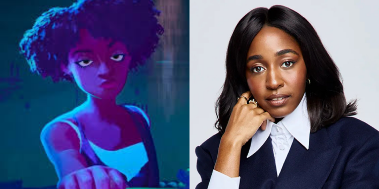 Ayo Edebiri and the animated character Glory Grant from Spider-Verse