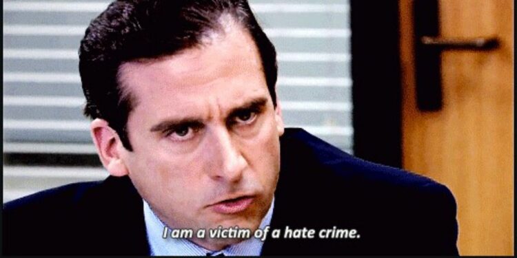 A scene where Michael Scott drops a banger line " i am a victim of hate crime" A scene where Michael Scott drops a banger line " i am a victim of hate crime"